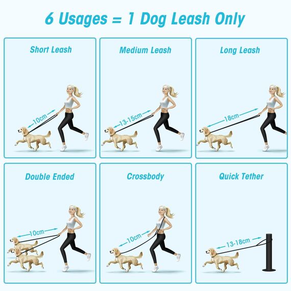 oneisall Freihandleinen für kleine & mittelgroße Hunde, Hundeleine 2.5m verstellbar Übungsleine & Führleine | Nylon Doppelleine mit 2 Karabiner Schwarz
