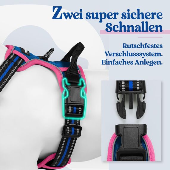 rabbitgoo Hundegeschirr Grosse Hunde, Anti Zug Geschirr mit Kontrolle, No Pull Verstellbar Hundegeschirr Mittelgroße Hunde, Atmungsaktiv Reflexstreifen Brustgeschirr Sichere Führung, Blau & Rosarot, L