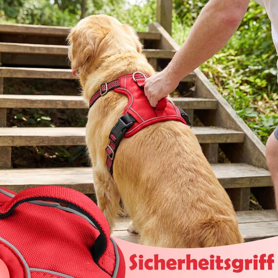 Funfox Hundegeschirr Grosse Hunde [XL] - Verstellbares Anti-Zug Brustgeschirr mit Griff & Reflektorstreifen, Atmungsaktives No Pull Hundegeschirr für Grosse/Mittelgroße Hunde Outdoor Rot