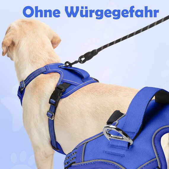 Funfox Hundegeschirr Grosse Hunde [XL] - Verstellbares Anti-Zug Brustgeschirr mit Griff & Reflektorstreifen, Atmungsaktives No Pull Hundegeschirr für Grosse/Mittelgroße Hunde Outdoor Blau