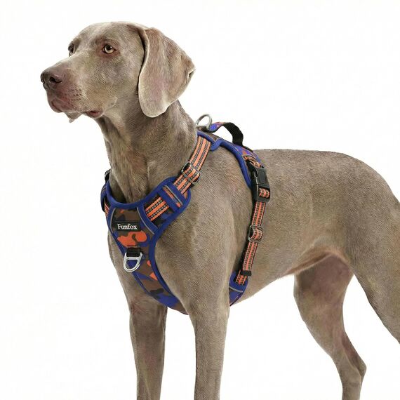Funfox Hundegeschirr Grosse Hunde [XL] - Verstellbares Anti-Zug Brustgeschirr mit Griff & Reflektorstreifen, Atmungsaktives No Pull Hundegeschirr für Grosse/Mittelgroße Hunde Outdoor Tarnorange