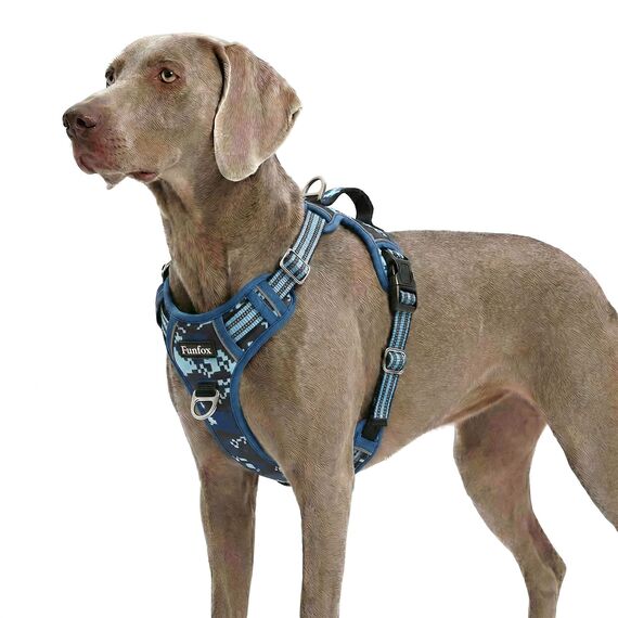 Funfox Hundegeschirr Grosse Hunde [XL] - Verstellbares Anti-Zug Brustgeschirr mit Griff & Reflektorstreifen, Atmungsaktives No Pull Hundegeschirr für Grosse/Mittelgroße Hunde Outdoor Mosaik Blau