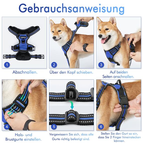 rabbitgoo Hundegeschirr Grosse Hunde, Anti Zug Geschirr mit Kontrolle, No Pull Verstellbar Hundegeschirr Mittelgroße Hunde, Atmungsaktiv Reflexstreifen Brustgeschirr Sichere Führung, Blau, L