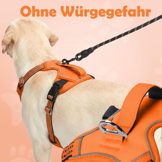 Funfox Hundegeschirr Grosse Hunde [XL] - Verstellbares Anti-Zug Brustgeschirr mit Griff & Reflektorstreifen, Atmungsaktives No Pull Hundegeschirr für Grosse/Mittelgroße Hunde Outdoor Orange