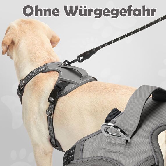 Funfox Hundegeschirr Grosse Hunde [XL] - Verstellbares Anti-Zug Brustgeschirr mit Griff & Reflektorstreifen, Atmungsaktives No Pull Hundegeschirr für Grosse/Mittelgroße Hunde Outdoor Grau