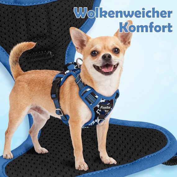 Funfox Hundegeschirr Grosse Hunde [XL] - Verstellbares Anti-Zug Brustgeschirr mit Griff & Reflektorstreifen, Atmungsaktives No Pull Hundegeschirr für Grosse/Mittelgroße Hunde Outdoor Mosaik Blau
