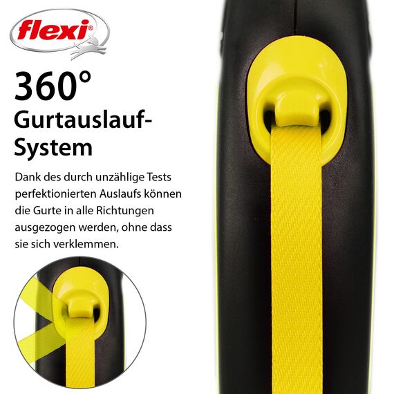 flexi® Neon S Gurt 5 m schwarz, Gurt in neon-gelb, Roll-Leine für Hunde bis 15 kg