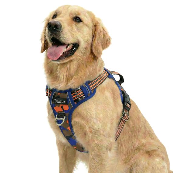 Funfox Hundegeschirr Mittelgroße Hunde, Anti Zug Brustgeschirr Verstellbares Geschirr Hund mit Griff Reflektorstreifen, No Pull Geschirr Hund für Kleine Mittlere Grosse Dog Harness Tarnorange L