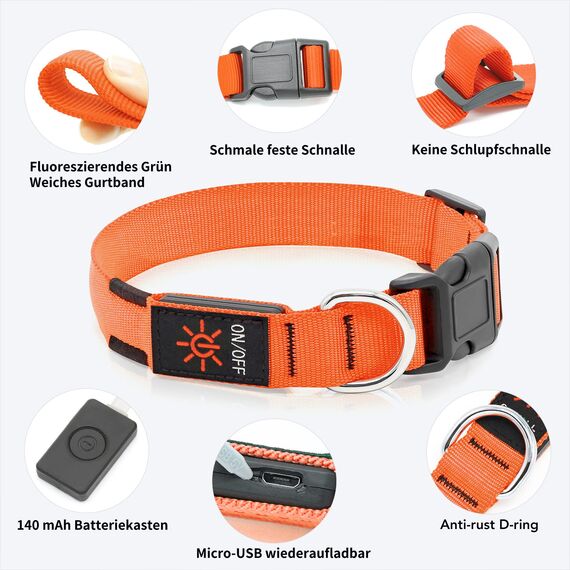 KOSKILL Leuchthalsband Hund Wiederaufladbare USB LED Hundehalsband Wasserdichtes Leuchtendes Hunde Halsband Einstellbare Super Helle für Kleine Mittlere Große Hunde (Orange, L)