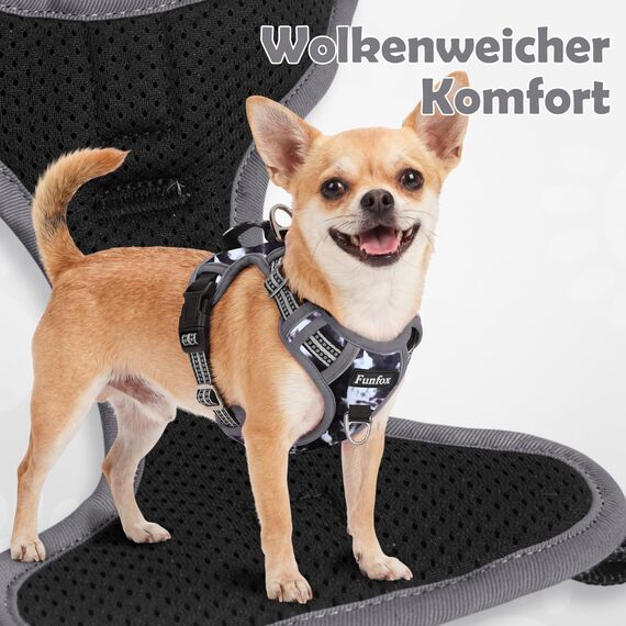 Funfox Hundegeschirr Grosse Hunde [XL] - Verstellbares Anti-Zug Brustgeschirr mit Griff & Reflektorstreifen, Atmungsaktives No Pull Hundegeschirr für Grosse/Mittelgroße Hunde Outdoor Mistig Grau XL