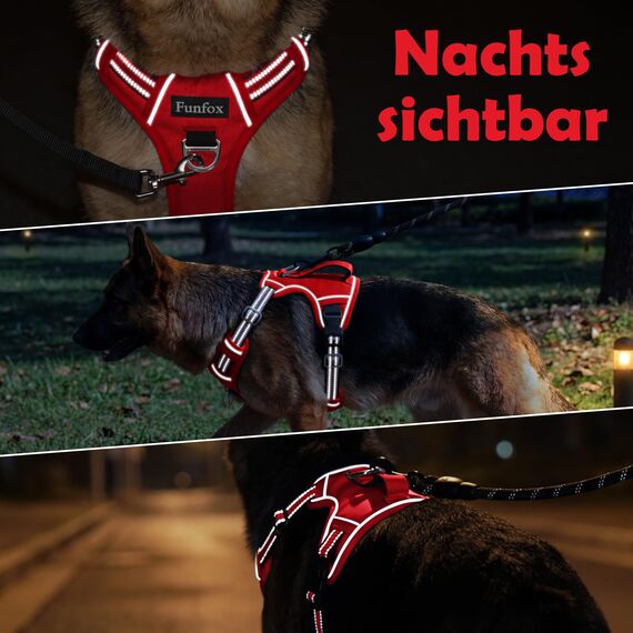 Funfox Hundegeschirr Grosse Hunde [XL] - Verstellbares Anti-Zug Brustgeschirr mit Griff & Reflektorstreifen, Atmungsaktives No Pull Hundegeschirr für Grosse/Mittelgroße Hunde Outdoor Rot
