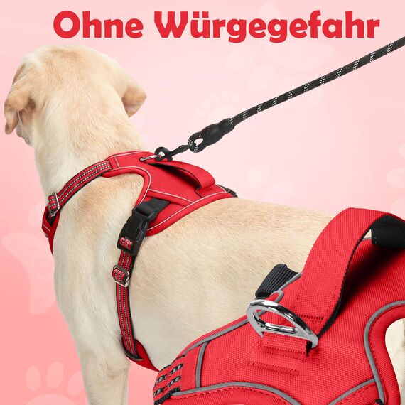 Funfox Hundegeschirr Grosse Hunde [XL] - Verstellbares Anti-Zug Brustgeschirr mit Griff & Reflektorstreifen, Atmungsaktives No Pull Hundegeschirr für Grosse/Mittelgroße Hunde Outdoor Rot