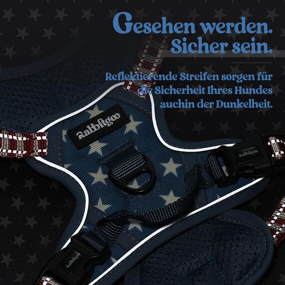 rabbitgoo Hundegeschirr Mittelgroße Hunde, Anti Zug Geschirr mit Kontrolle, No Pull Verstellbar Hundegeschirr Grosse Hunde, Atmungsaktiv Reflexstreifen Brustgeschirr Sichere，Blauer Stern，XS