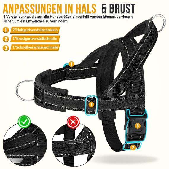 Eyein Hundegeschirr mit Leine für große mittelgroße Hunde, Weich gepolsterter Brustgeschirr mit 2 Leinenclips, Reflektierend & Leichtgewicht Anti Zug Geschirr für Spaziergänge Training, Schwarz, L