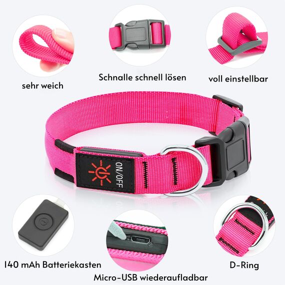 KOSKILL Leuchthalsband Hund Wiederaufladbare USB LED Hundehalsband Wasserdichtes Leuchtendes Hunde Halsband Einstellbare Super Helle für Kleine Mittlere Große Hunde (Rosa, L)