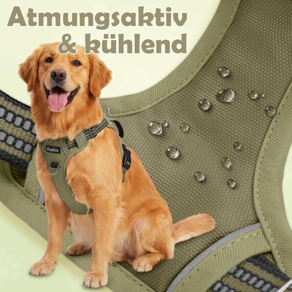 Funfox Hundegeschirr Kleine Hunde [XL] - Anti Zug Welpengeschirr mit Griff & Ringreflektoren, Atmungsaktives Verstellbares No Pull Brustgeschirr für Kleine Mittelgroße Hunde Outdoor Militärgrün