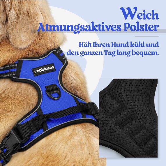 rabbitgoo Hundegeschirr Grosse Hunde, Anti Zug Geschirr mit Kontrolle, No Pull Verstellbar Hundegeschirr Mittelgroße Hunde, Atmungsaktiv Reflexstreifen Brustgeschirr Sichere Führung, Blau, L