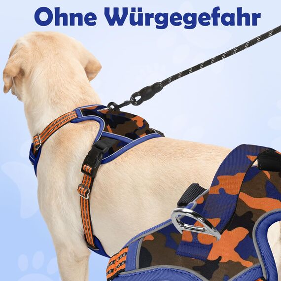 Funfox Hundegeschirr Grosse Hunde [XL] - Verstellbares Anti-Zug Brustgeschirr mit Griff & Reflektorstreifen, Atmungsaktives No Pull Hundegeschirr für Grosse/Mittelgroße Hunde Outdoor Tarnorange