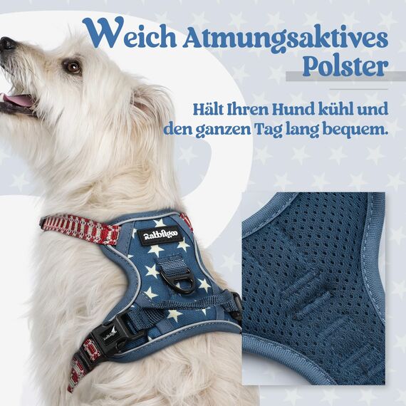 rabbitgoo Hundegeschirr Mittelgroße Hunde, Anti Zug Geschirr mit Kontrolle, No Pull Verstellbar Hundegeschirr Grosse Hunde, Atmungsaktiv Reflexstreifen Brustgeschirr Sichere，Blauer Stern，XS