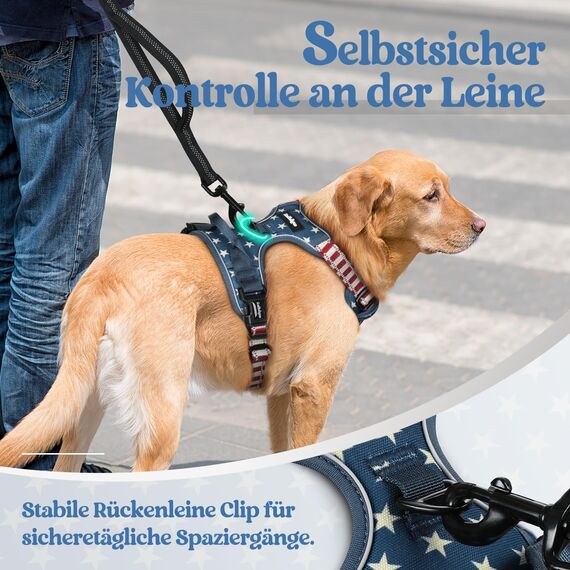 rabbitgoo Hundegeschirr Mittelgroße Hunde, Anti Zug Geschirr mit Kontrolle, No Pull Verstellbar Hundegeschirr Grosse Hunde, Atmungsaktiv Reflexstreifen Brustgeschirr Sichere，Blauer Stern，XL