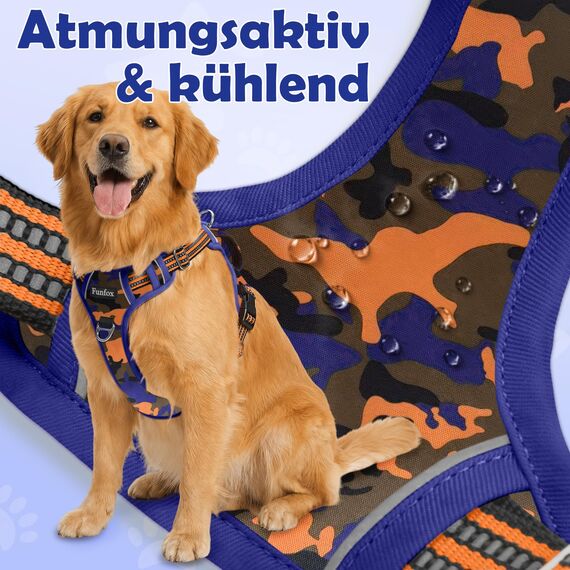 Funfox Hundegeschirr Grosse Hunde [XL] - Verstellbares Anti-Zug Brustgeschirr mit Griff & Reflektorstreifen, Atmungsaktives No Pull Hundegeschirr für Grosse/Mittelgroße Hunde Outdoor Tarnorange