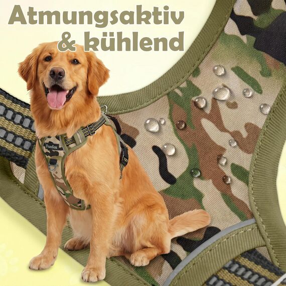 Funfox Hundegeschirr Kleine Hunde [XL] - Anti Zug Welpengeschirr mit Griff & Ringreflektoren, Atmungsaktives Verstellbares No Pull Brustgeschirr für Kleine Mittelgroße Hunde Outdoor Kampfuniformgrün