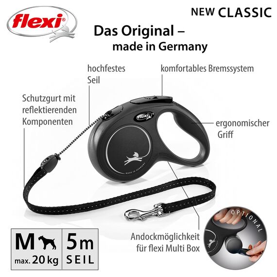 flexi® Classic M Seil 5 m schwarz, Roll-Leine für Hunde bis 20 kg