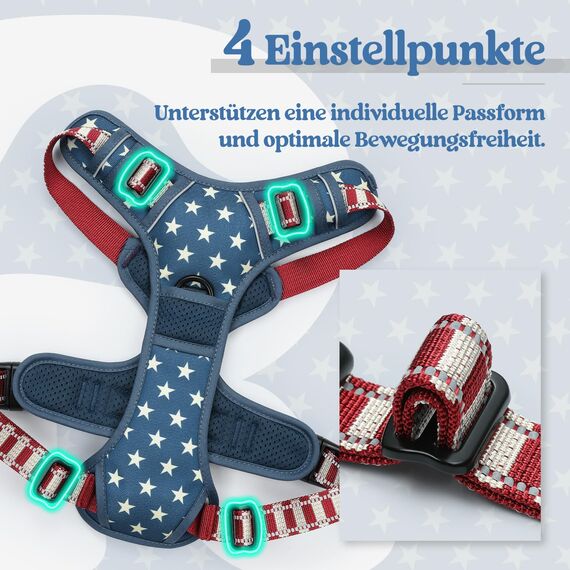 rabbitgoo Hundegeschirr Mittelgroße Hunde, Anti Zug Geschirr mit Kontrolle, No Pull Verstellbar Hundegeschirr Grosse Hunde, Atmungsaktiv Reflexstreifen Brustgeschirr Sichere，Blauer Stern，XL