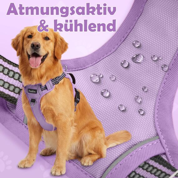 Funfox Hundegeschirr Grosse Hunde [XL] - Verstellbares Anti-Zug Brustgeschirr mit Griff & Reflektorstreifen, Atmungsaktives No Pull Hundegeschirr für Grosse/Mittelgroße Hunde Outdoor Lavendel