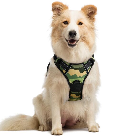 rabbitgoo Hundegeschirr Mittelgroße Hunde, Anti Zug Geschirr mit Kontrolle, No Pull Verstellbar Hundegeschirr Grosse Hunde, Atmungsaktiv Reflexstreifen Brustgeschirr Sichere，Camouflage Grün，M