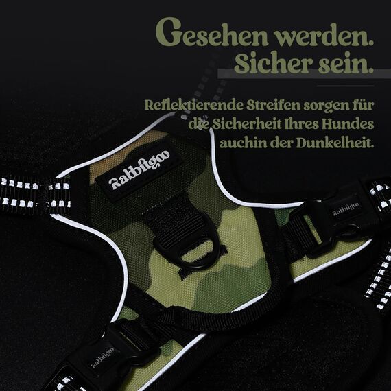 rabbitgoo Hundegeschirr Mittelgroße Hunde, Anti Zug Geschirr mit Kontrolle, No Pull Verstellbar Hundegeschirr Grosse Hunde, Atmungsaktiv Reflexstreifen Brustgeschirr Sichere，Camouflage Grün，XS