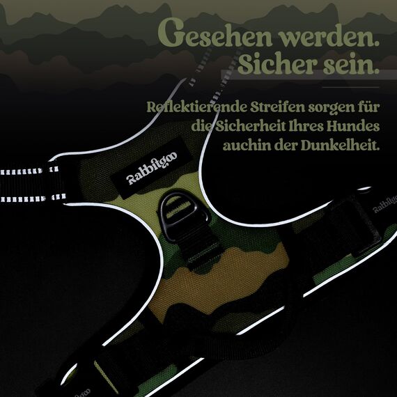 rabbitgoo Hundegeschirr Mittelgroße Hunde, Anti Zug Geschirr mit Kontrolle, No Pull Verstellbar Hundegeschirr Grosse Hunde, Atmungsaktiv Reflexstreifen Brustgeschirr Sichere，Camouflage Grün，S