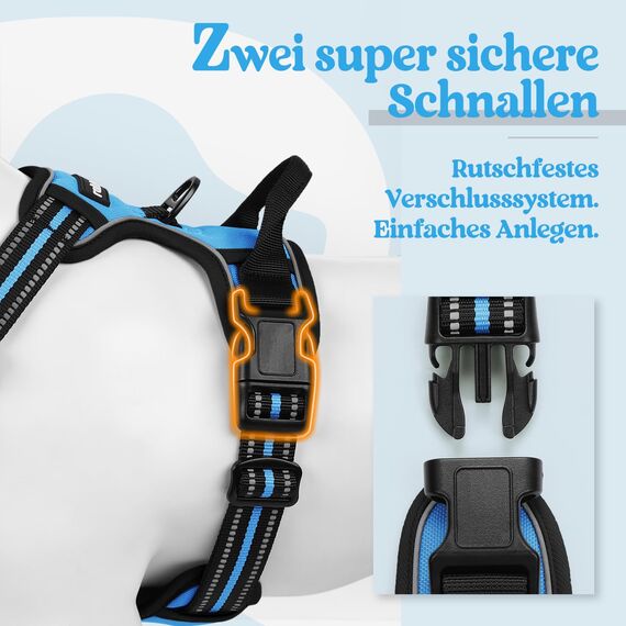 rabbitgoo Hundegeschirr Mittelgroße Hunde, Anti Zug Geschirr mit Kontrolle, No Pull Verstellbar Hundegeschirr Grosse Hunde, Atmungsaktiv Reflexstreifen Brustgeschirr Sichere Führung Hellblau M