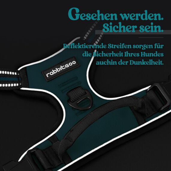 rabbitgoo Hundegeschirr Mittelgroße Hunde, Anti Zug Geschirr mit Kontrolle, No Pull Verstellbar Hundegeschirr Grosse Hunde, Atmungsaktiv Reflexstreifen Brustgeschirr Sichere Führung Dunkelgrün S