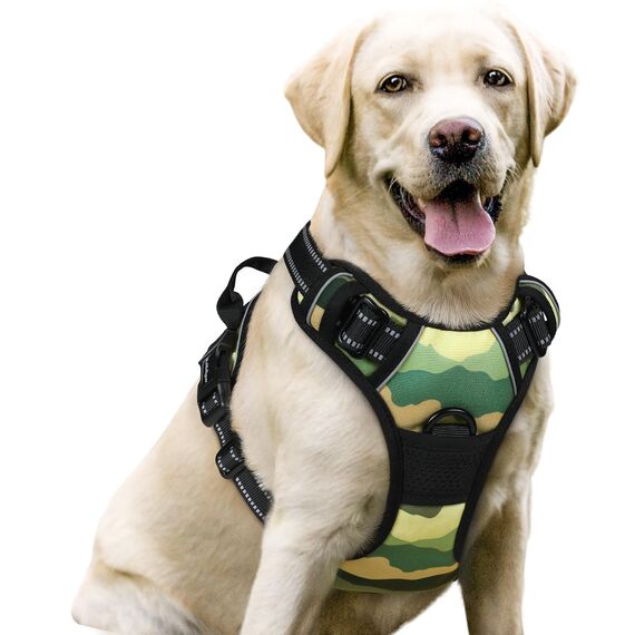 rabbitgoo Hundegeschirr Mittelgroße Hunde, Anti Zug Geschirr mit Kontrolle, No Pull Verstellbar Hundegeschirr Grosse Hunde, Atmungsaktiv Reflexstreifen Brustgeschirr Sichere，Camouflage Grün，L