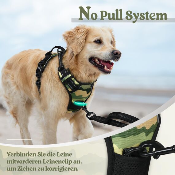 rabbitgoo Hundegeschirr Mittelgroße Hunde, Anti Zug Geschirr mit Kontrolle, No Pull Verstellbar Hundegeschirr Grosse Hunde, Atmungsaktiv Reflexstreifen Brustgeschirr Sichere，Camouflage Grün，S