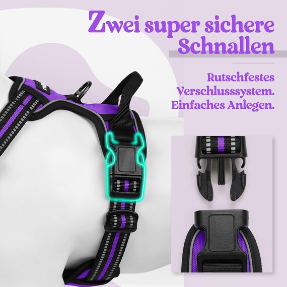 rabbitgoo Hundegeschirr Mittelgroße Hunde, Anti Zug Geschirr mit Kontrolle, No Pull Verstellbar Hundegeschirr Grosse Hunde, Atmungsaktiv Reflexstreifen Brustgeschirr Sichere Führung Lila S