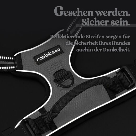 rabbitgoo Hundegeschirr Mittelgroße Hunde, Anti Zug Geschirr mit Kontrolle, No Pull Verstellbar Hundegeschirr Grosse Hunde, Atmungsaktiv Reflexstreifen Brustgeschirr Sichere Führung Grau S