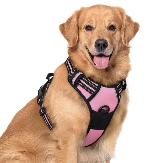 rabbitgoo Hundegeschirr Grosse Hunde, Anti Zug Geschirr mit Kontrolle, No Pull Verstellbar Hundegeschirr Mittelgroße Hunde, Atmungsaktiv Reflexstreifen Brustgeschirr Sichere Führung, Rosa, XL