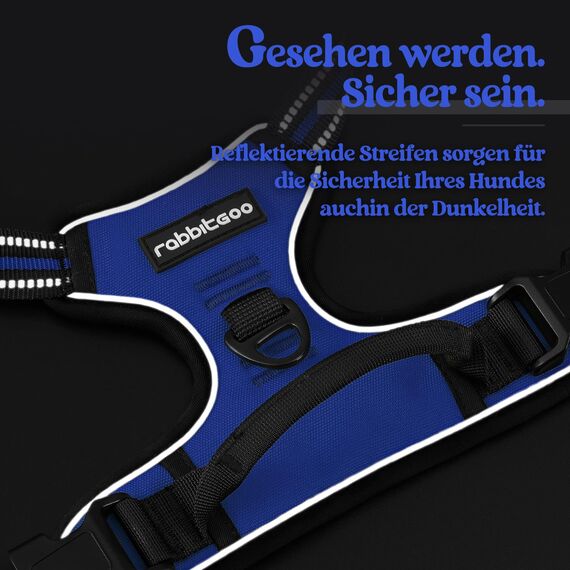 rabbitgoo Hundegeschirr Mittelgroße Hunde, Anti Zug Geschirr mit Kontrolle, No Pull Verstellbar Hundegeschirr Grosse Hunde, Atmungsaktiv Reflexstreifen Brustgeschirr Sichere Führung Blau S