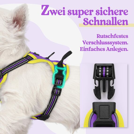 rabbitgoo Hundegeschirr Kleine Hunde Anti Zug Geschirr Hund mit Kontrolle No Pull Verstellbar Hundegeschirr Grosse Hunde Atmungsaktiv Reflexstreifen Brustgeschirr Hund Sichere Führung Lila+Gelb XS