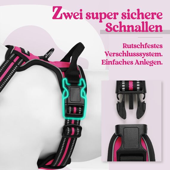 rabbitgoo Hundegeschirr Grosse Hunde, Anti Zug Geschirr mit Kontrolle, No Pull Verstellbar Hundegeschirr Mittelgroße Hunde, Atmungsaktiv Reflexstreifen Brustgeschirr Sichere Führung, Rosarot, L