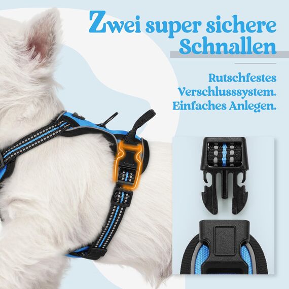 rabbitgoo Hundegeschirr Kleine Hunde, Anti Zug Geschirr mit Kontrolle, No Pull Verstellbar Hundegeschirr Grosse Hunde, Atmungsaktiv Reflexstreifen Brustgeschirr Sichere Führung Hellblau XS