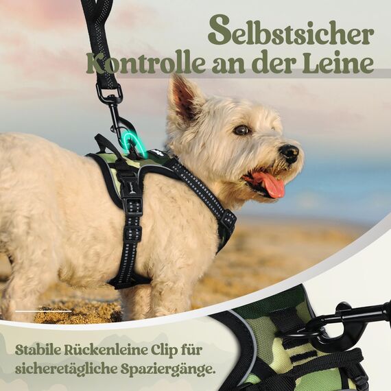 rabbitgoo Hundegeschirr Mittelgroße Hunde, Anti Zug Geschirr mit Kontrolle, No Pull Verstellbar Hundegeschirr Grosse Hunde, Atmungsaktiv Reflexstreifen Brustgeschirr Sichere，Camouflage Grün，XS