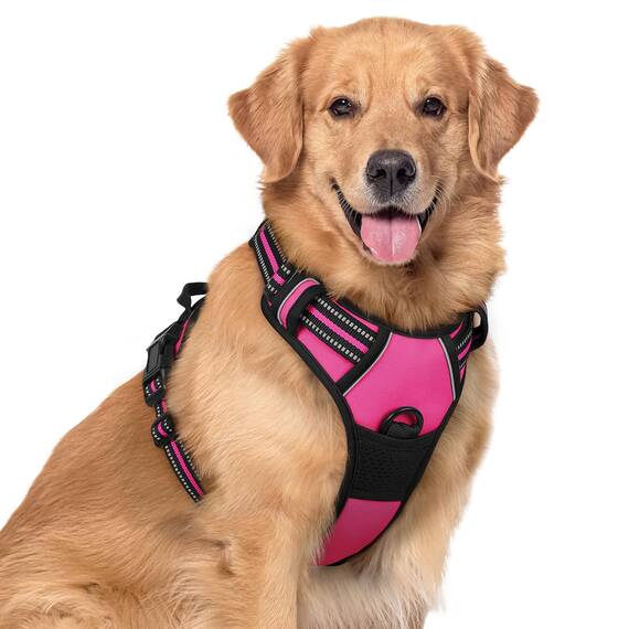 rabbitgoo Hundegeschirr Grosse Hunde, Anti Zug Geschirr mit Kontrolle, No Pull Verstellbar Hundegeschirr Mittelgroße Hunde, Atmungsaktiv Reflexstreifen Brustgeschirr Sichere Führung, Rosarot, XL