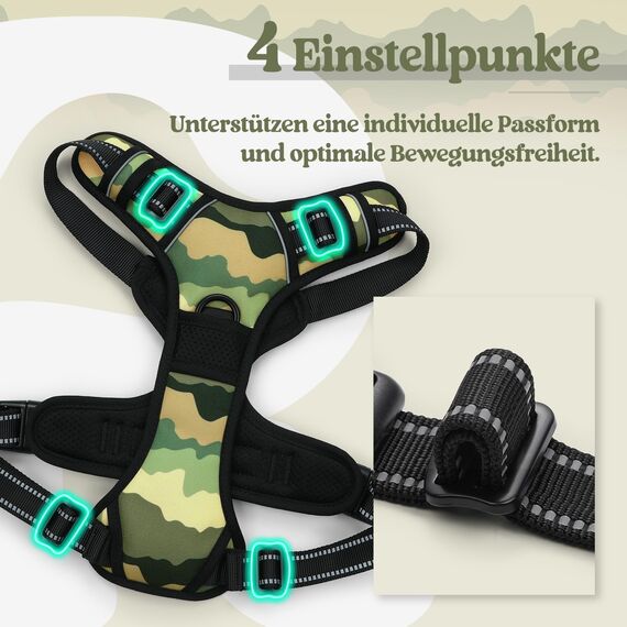 rabbitgoo Hundegeschirr Mittelgroße Hunde, Anti Zug Geschirr mit Kontrolle, No Pull Verstellbar Hundegeschirr Grosse Hunde, Atmungsaktiv Reflexstreifen Brustgeschirr Sichere，Camouflage Grün，S