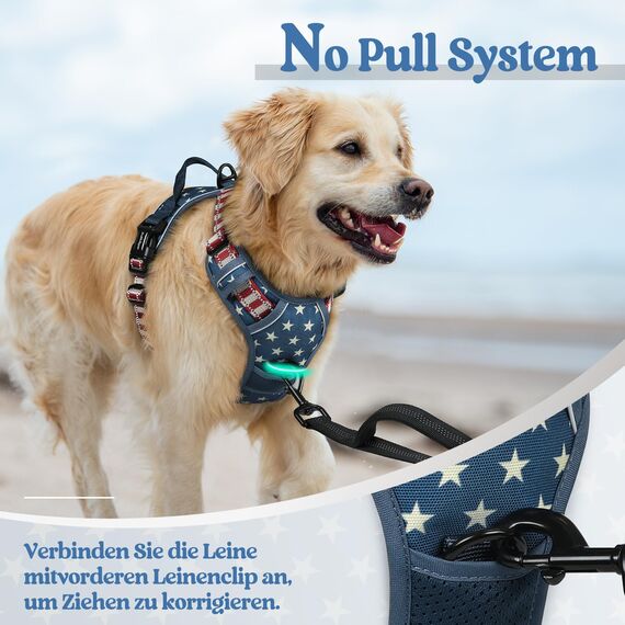 rabbitgoo Hundegeschirr Mittelgroße Hunde, Anti Zug Geschirr mit Kontrolle, No Pull Verstellbar Hundegeschirr Grosse Hunde, Atmungsaktiv Reflexstreifen Brustgeschirr Sichere，Blauer Stern，L