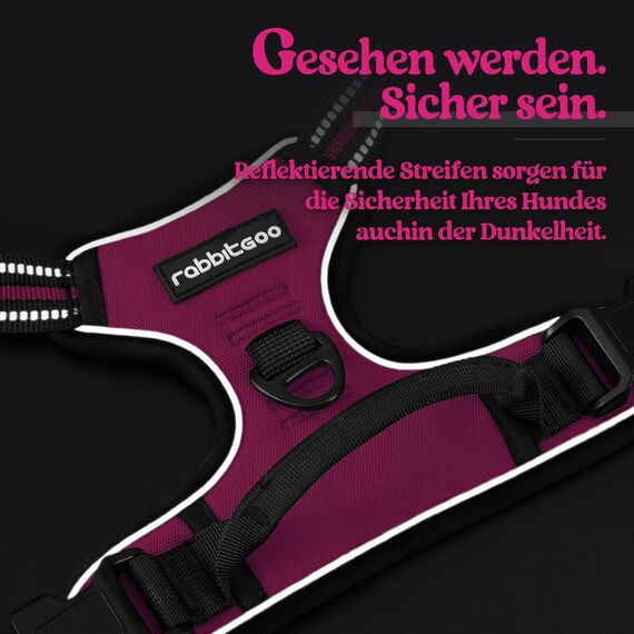 rabbitgoo Hundegeschirr Grosse Hunde, Anti Zug Geschirr mit Kontrolle, No Pull Verstellbar Hundegeschirr Mittelgroße Hunde, Atmungsaktiv Reflexstreifen Brustgeschirr Sichere Führung, Rosarot, L