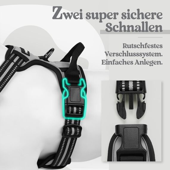 rabbitgoo Hundegeschirr Mittelgroße Hunde, Anti Zug Geschirr mit Kontrolle, No Pull Verstellbar Hundegeschirr Grosse Hunde, Atmungsaktiv Reflexstreifen Brustgeschirr Sichere Führung Grau S