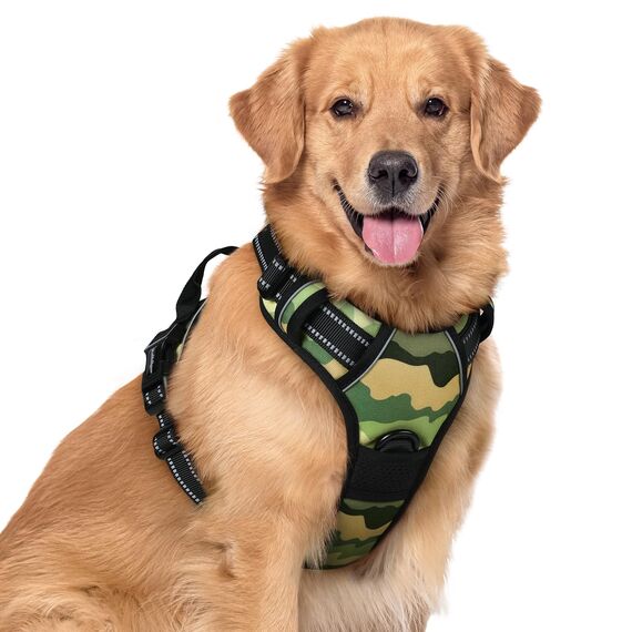 rabbitgoo Hundegeschirr Mittelgroße Hunde, Anti Zug Geschirr mit Kontrolle, No Pull Verstellbar Hundegeschirr Grosse Hunde, Atmungsaktiv Reflexstreifen Brustgeschirr Sichere，Camouflage Grün，XL